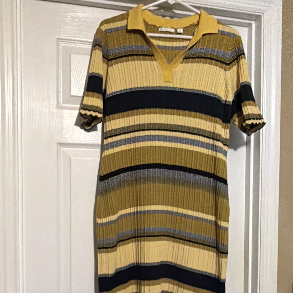 Women's XL Striped Knit Collared Short Sleeve Sweater Dress Yellow Stripes Dress - Picture 5 of 10